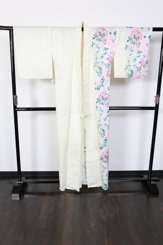 New Yukata (Japanese summer kimono) - Alternating shoulder design - Light lemon yellow, pink, purple, blue, floral pattern, rabbit design - b17