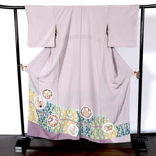 Japanease kimono used(Irotomesode) L-size 100% silk /K86Artist's work Gray Purple Green Indigo Yellow White Sewing crest Ken Hanabishi