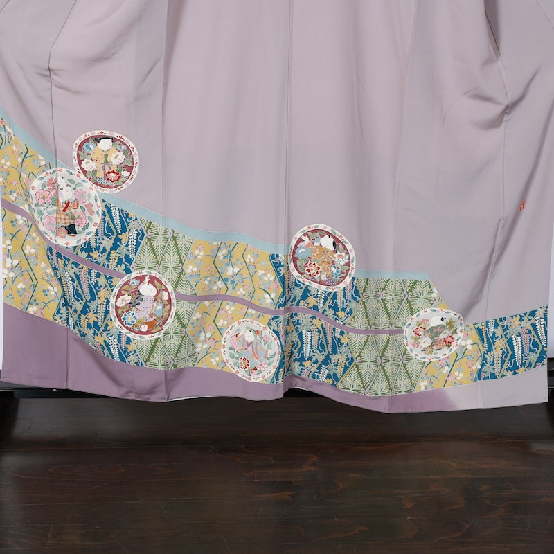 Japanease kimono used(Irotomesode) L-size 100% silk /K86Artist's work Gray Purple Green Indigo Yellow White Sewing crest Ken Hanabishi