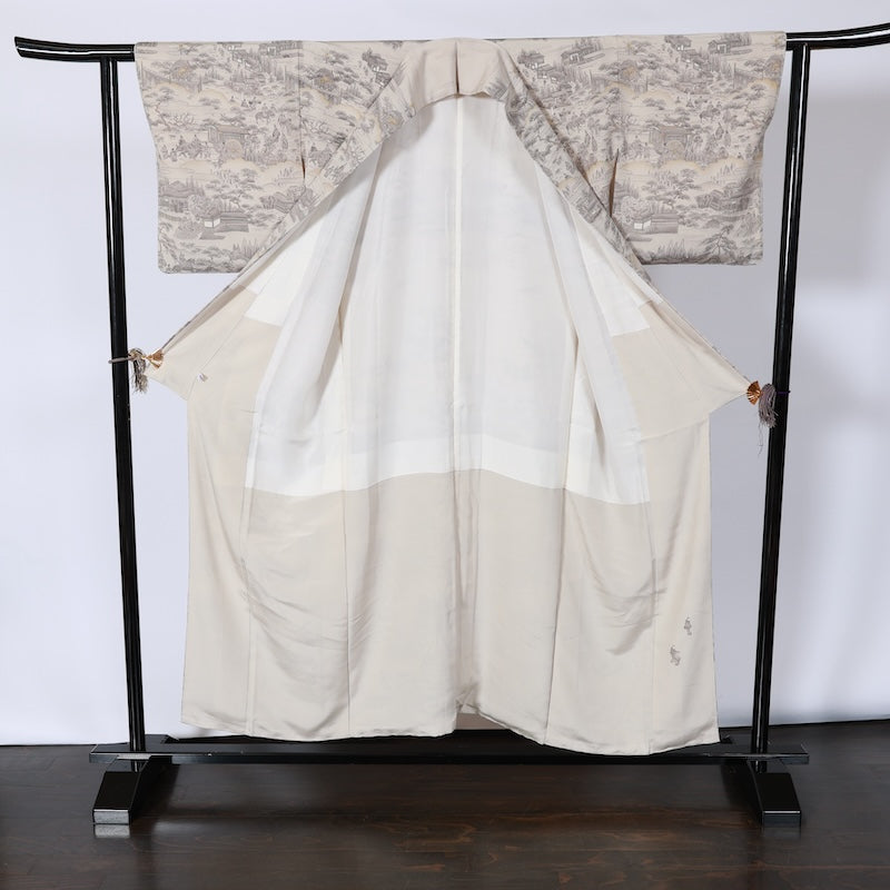 Japanease kimono New(Houmongi) M-size 100% silk /K85VArtist's work Beige Ink Gold Genji picture scroll