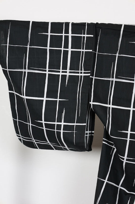 New Yukata (Japanese summer kimono) - Black, White, Gray, Purple - Morning Glory/Checkered Pattern - b8