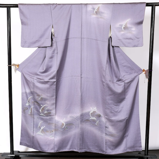 Japanease kimono used(Houmongi) M-size 100% silk /K71Purple, gray, gold, wave, couple rocks, Saayagata pattern