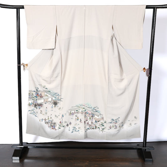 Japanease kimono used(Irotomesode) S-size 100% silk /K78Gray, indigo, green, brown, white, by an artist, Genji picture scroll