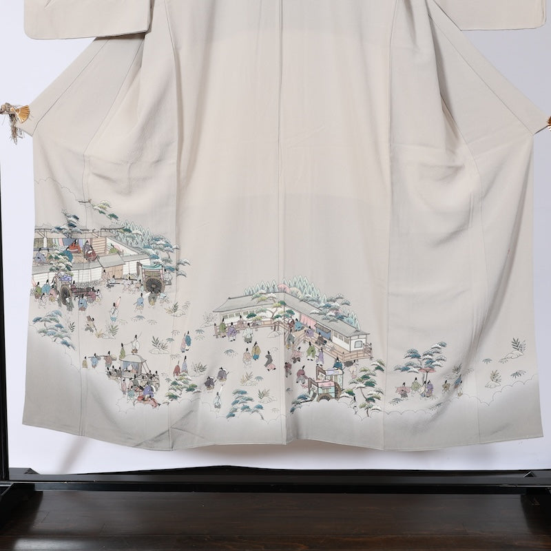 Japanease kimono used(Irotomesode) S-size 100% silk /K78Gray, indigo, green, brown, white, by an artist, Genji picture scroll