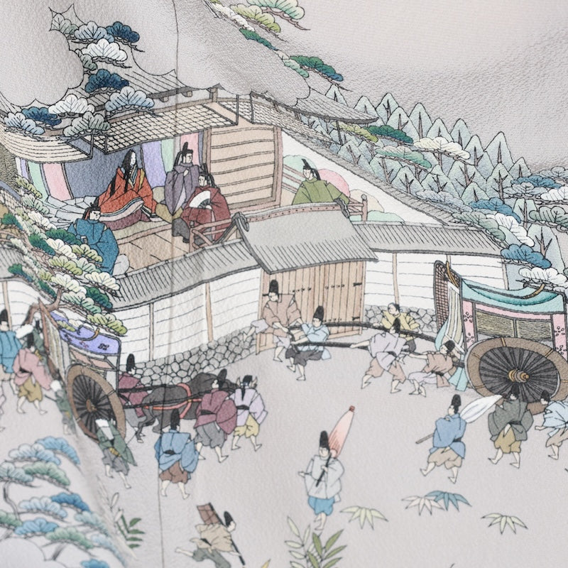 Japanease kimono used(Irotomesode) S-size 100% silk /K78Gray, indigo, green, brown, white, by an artist, Genji picture scroll