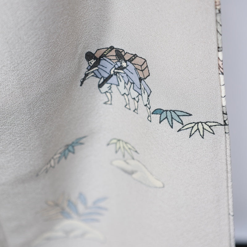 Japanease kimono used(Irotomesode) S-size 100% silk /K78Gray, indigo, green, brown, white, by an artist, Genji picture scroll