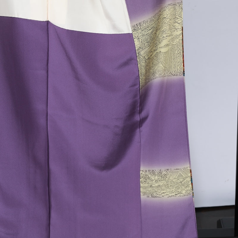 Japanease kimono used(Houmongi) L-size 100% silk /K119Sarasa Purple Brown Blue Gray Purple Red Landscape Sarasa
