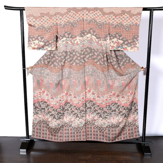 Japanease kimono used(Houmongi) L-size 100% silk /K115Bingata, gray, beige, brown, mustard, wave, small flower, spool, bamboo, plum, pine, hemp leaf