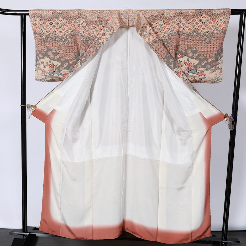 Japanease kimono used(Houmongi) L-size 100% silk /K115Bingata, gray, beige, brown, mustard, wave, small flower, spool, bamboo, plum, pine, hemp leaf