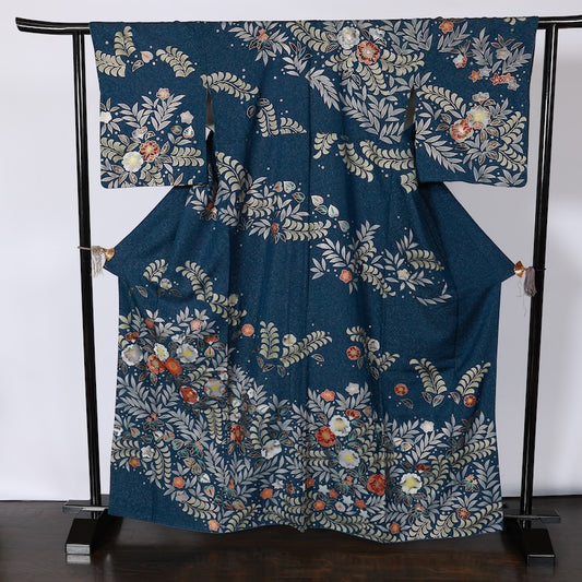 Japanease kimono used(Houmongi) L-size 100% silk /114Tsujigahana indigo, blue-gray, green, brown, gold, silver thread