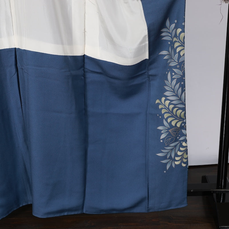 Japanease kimono used(Houmongi) L-size 100% silk /114Tsujigahana indigo, blue-gray, green, brown, gold, silver thread
