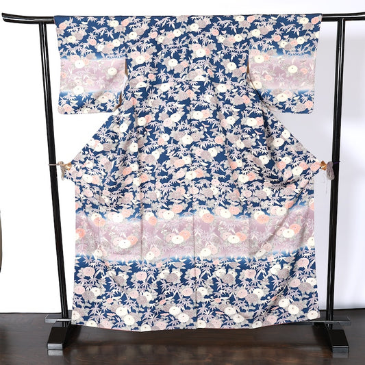 Japanease kimono used(Houmongi) L-size 100% silk /K105Ancient Tsumugi Homongi Kimono in Indigo, Purple, White, Orange, Gold