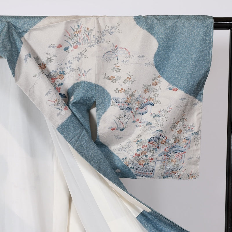 Japanease kimono used(Houmongi) L-size 100% silk /K103Homongi, Oshima Tsumugi, indigo, gray, brown, white, tataki, hat tie-dye, sewn tie-dye, Chayatsuji