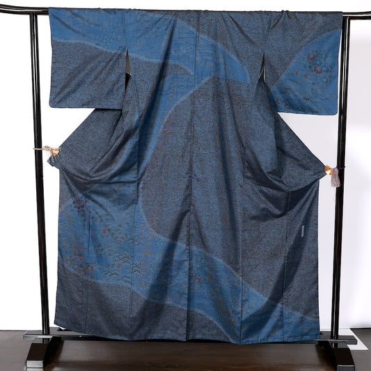 Japanease kimono used(Houmongi) L-size 100% silk /K158Homongi (formal kimono) - Authentic Oshima Tsumugi - Indigo and light blue, black, coral red, Chaya-tsuji pattern, by an artist