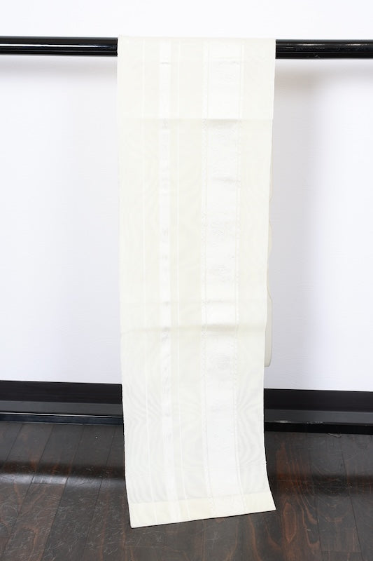 Summer Nagoya obi (used sash), sheer fabric, off-white, white, striped, floral pattern, R238