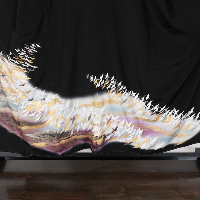 Japanese kimono used <Kurotomesode> L-size silk 100% /B827