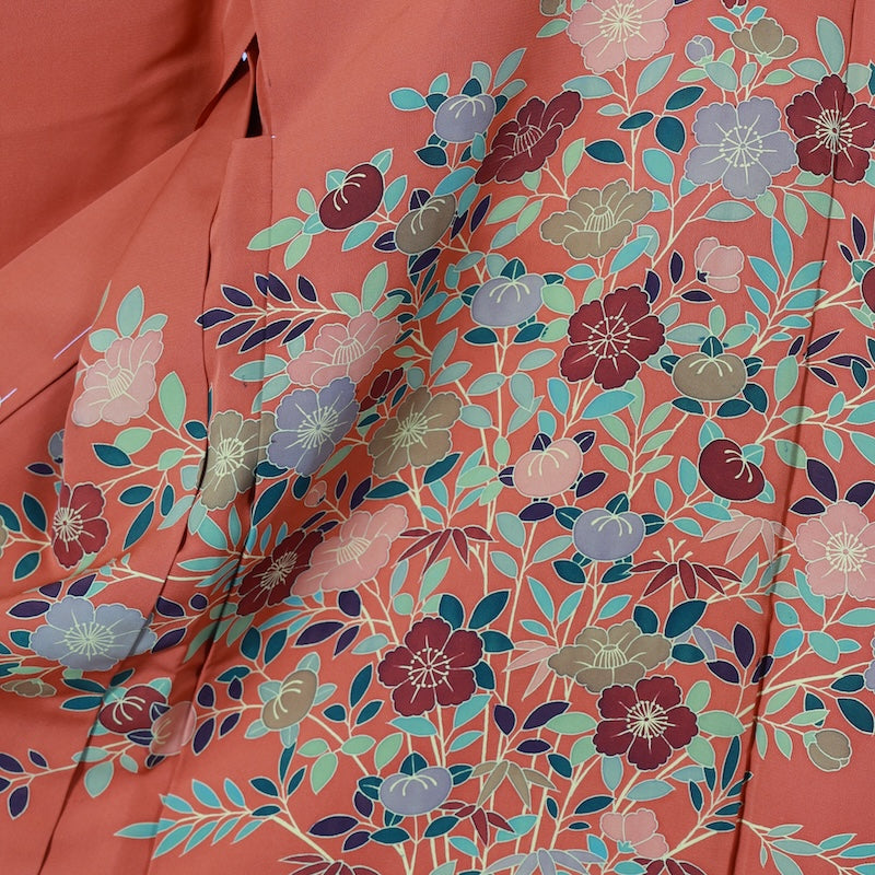 kimono jacket (Haori) 100% silk /K195Brand new, untailored, orange, purple, green, brown, floral, Kyoto Yuzen