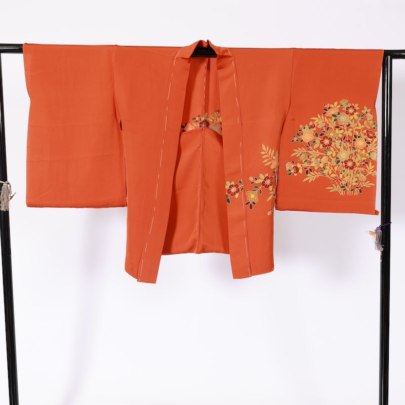 kimono jacket (Haori) 100% silk /K195Brand new, untailored, orange, purple, green, brown, floral, Kyoto Yuzen