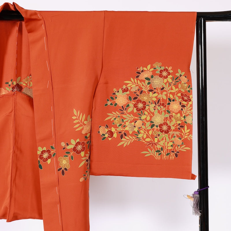 kimono jacket (Haori) 100% silk /K195Brand new, untailored, orange, purple, green, brown, floral, Kyoto Yuzen