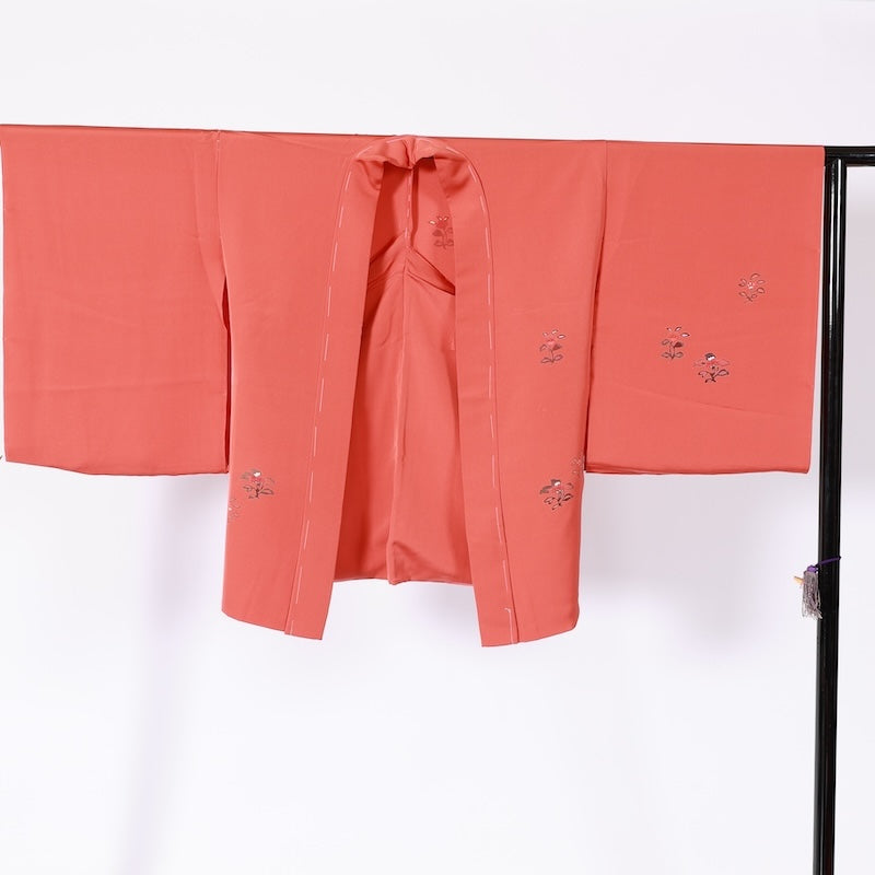 kimono jacket (Haori) 100% silk /K194 Brand new, untailored, coral, brown, purple, vermilion, floral, Kyoto Yuzen