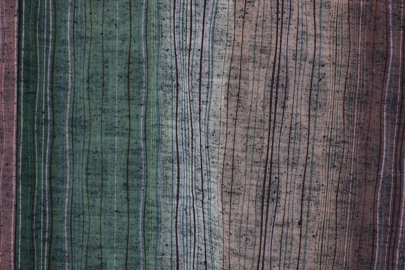 Tsumugi(used kimono) silk fabric, green, brown, black, purple, wavy stripe pattern, handwoven, R73