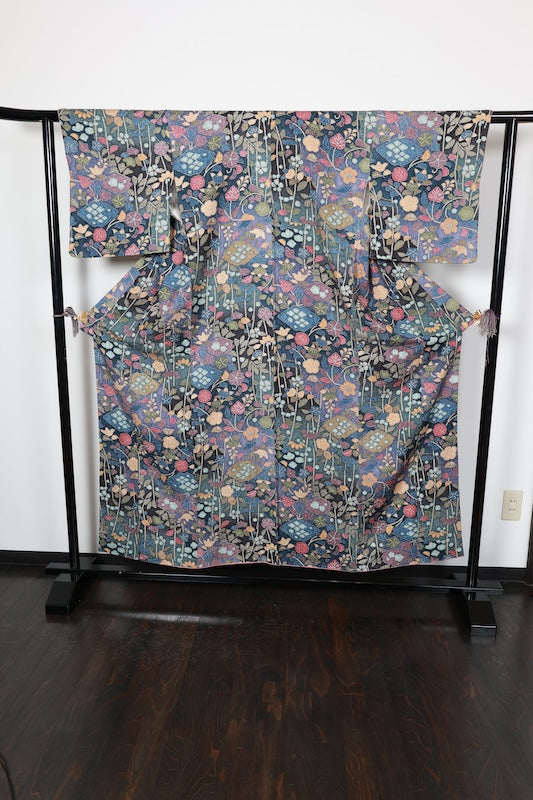 Japan used kimono fabric; blue, purple, ink, brown, green, gold, coral; Tsujigahana dyeing; dyed woven fabric; raised weave; R84