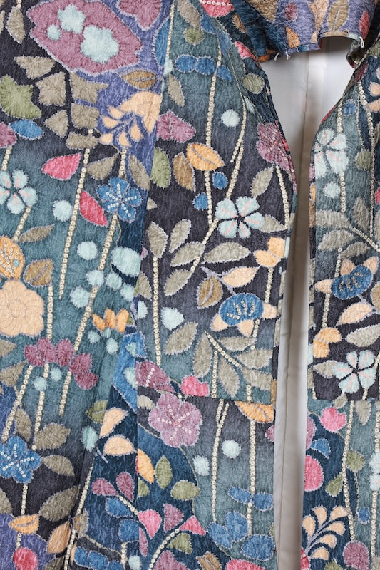 Japan used kimono fabric; blue, purple, ink, brown, green, gold, coral; Tsujigahana dyeing; dyed woven fabric; raised weave; R84