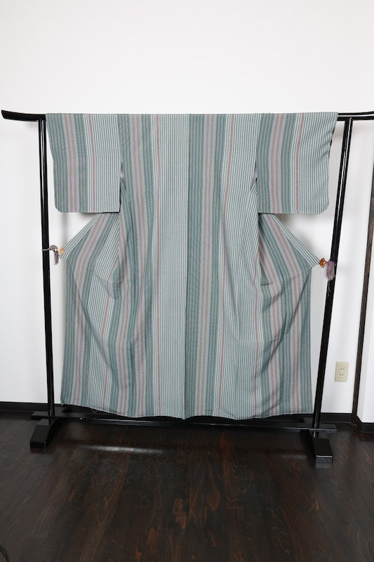 Komono ( kimono), brand new and unused, in green, blue, brown, and white, with a unique striped pattern (R82)