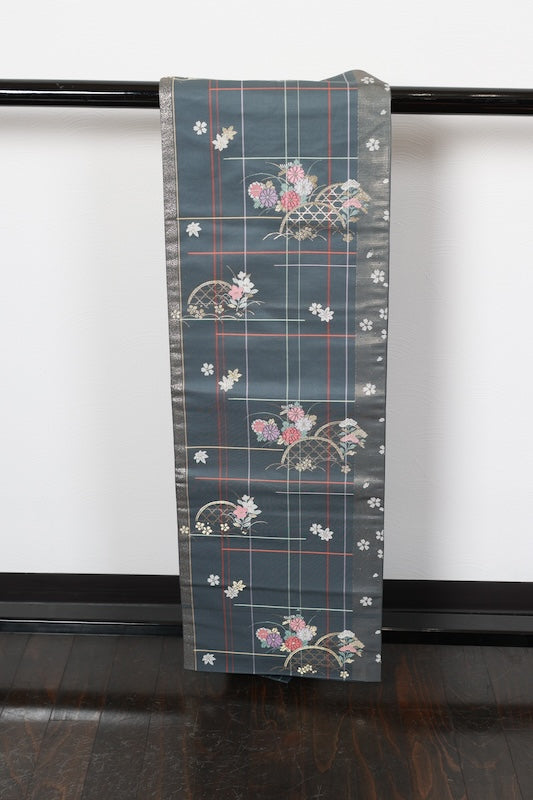 Nagoya obi (used sash) - Gray, gold, purple, coral red, white, floral pattern, checkered pattern - R105