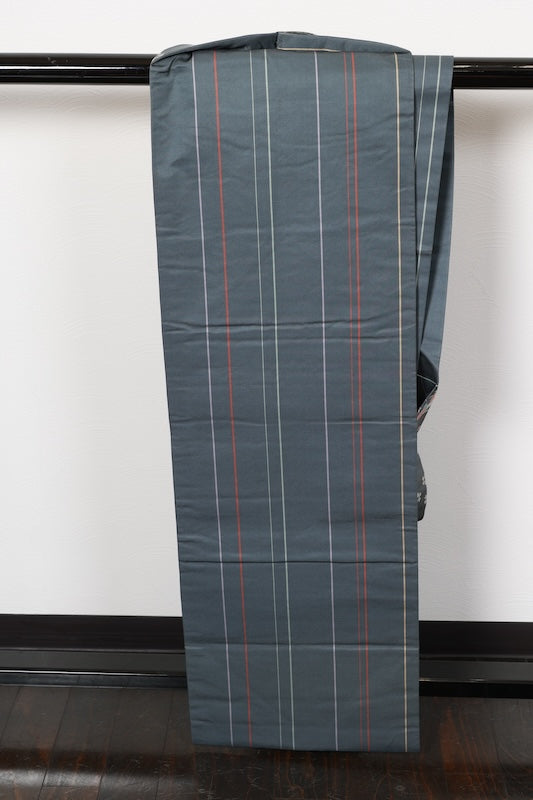 Nagoya obi (used sash) - Gray, gold, purple, coral red, white, floral pattern, checkered pattern - R105