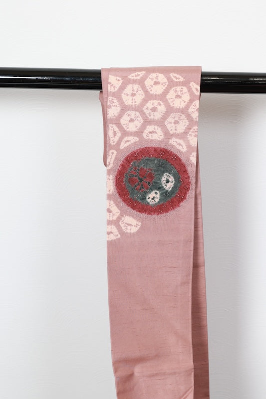 Nagoya obi (used sash), Tsumugi silk, light brown, wine, green, Shantou embroidery, Shibori (tie-dye) pattern, R102