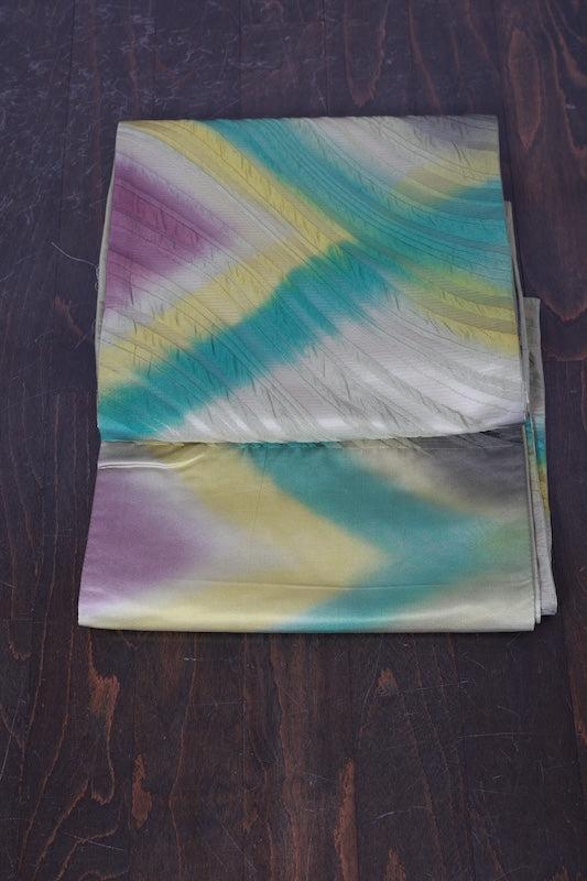 New, unstitched fukuro obi ( sash), green, mustard, purple, gray, raised weave, R98
