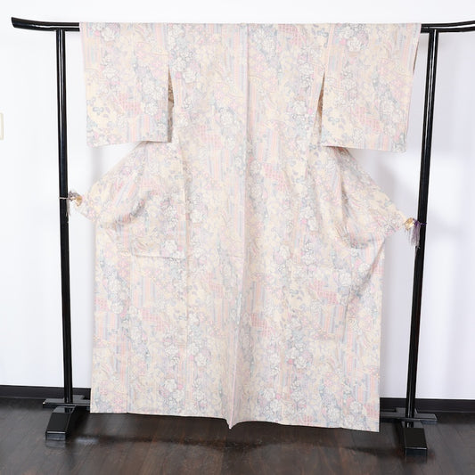 Japanese kimono used <Tsumugi> Lsize silk 100% /T405