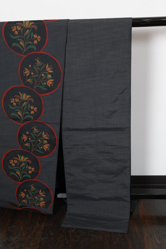 Fukuro Obi (used sash) by Kiyata, gray, red, brown, green, floral pattern, round design, R96