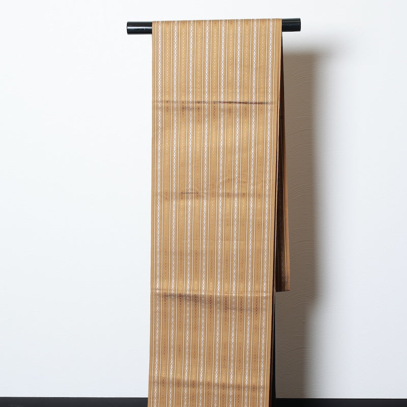 Used sash belt (nagoya-obi) 100% silk Nagoya obi, Hakata-ori, Dedication pattern, brown, white, green/K224