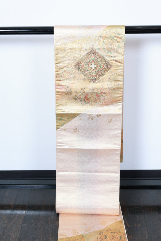 Fukuro Obi (formal used sash), gold-embossed leather, mother-of-pearl inlay, gold, green, brown, Shosoin pattern, R135