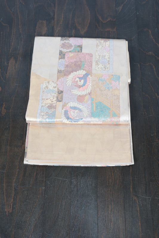 Fukuro Obi (formal used sash) - Gold, Blue, Pearl, Mother-of-pearl inlay, Gold leaf, Cut foil, Crane, Flower, Wave - R118