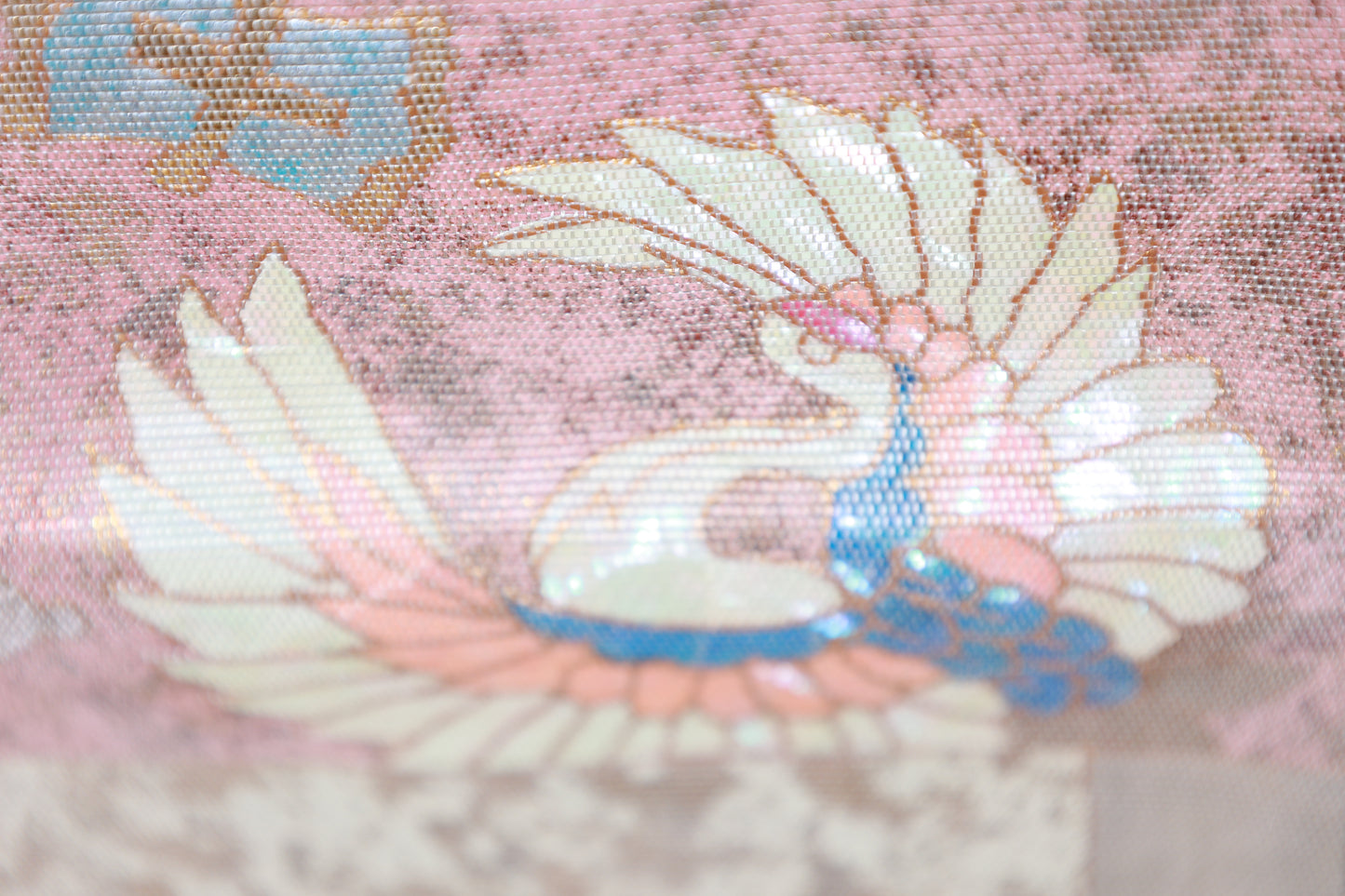 Fukuro Obi (formal used sash) - Gold, Blue, Pearl, Mother-of-pearl inlay, Gold leaf, Cut foil, Crane, Flower, Wave - R118