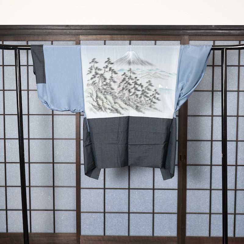 Japanese Men’s Used kimono Men’s kimono jacket 2piece set L-size 100% silk /K227