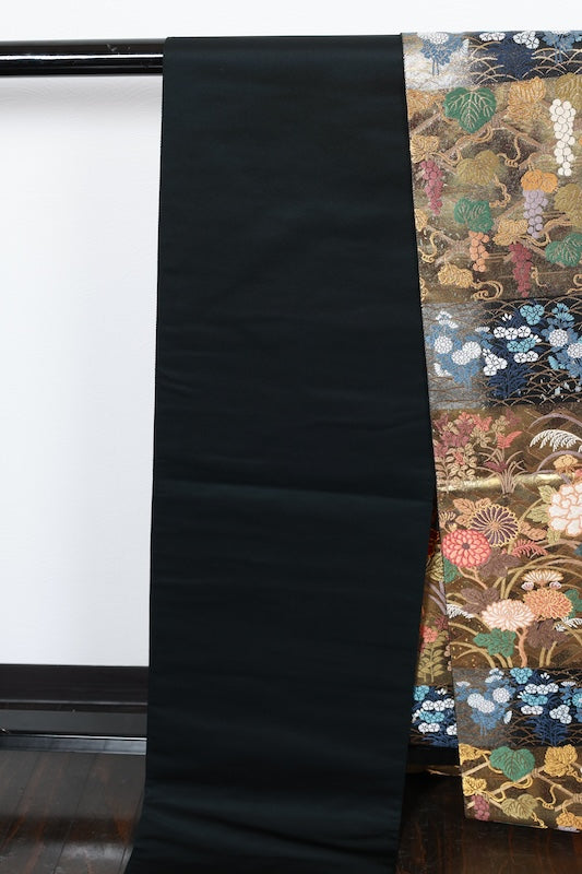 Fukuro Obi (formal used sash), Tang-style weave, gold, silver, indigo, red, green, brown, purple, floral pattern, horizontal stripes, R122
