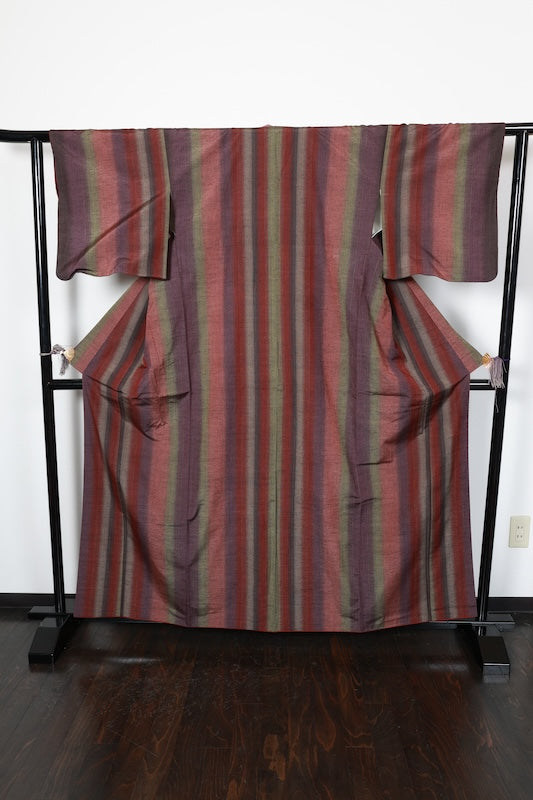 Nishijin Tsumugi silk fabric, purple, green, brown stripes, R146