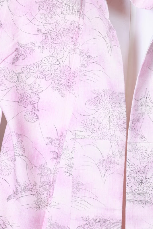 Yuki Tsumugi silk kimono, brand new, unused. Natural white, light purple, black floral pattern. Post-dyed. R145
