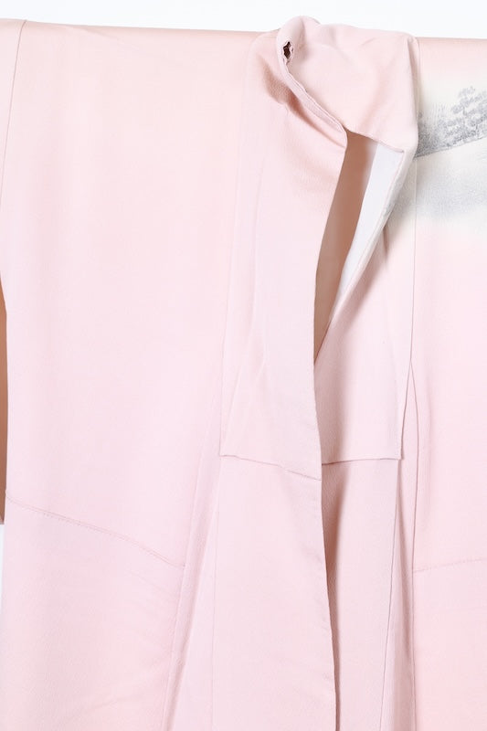 Japan used kimono, cherry blossom pink, ink, gray, raised weave, mountain landscape, R159