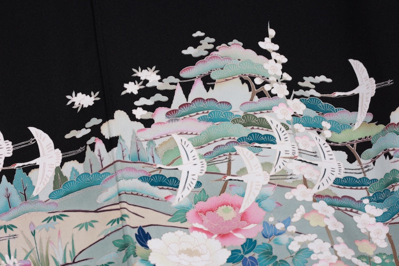 Japanese kimono used <Kurotomesode> L-size silk 100% /TT34