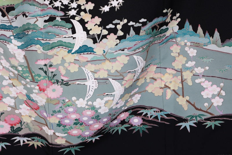 Japanese kimono used <Kurotomesode> L-size silk 100% /TT34