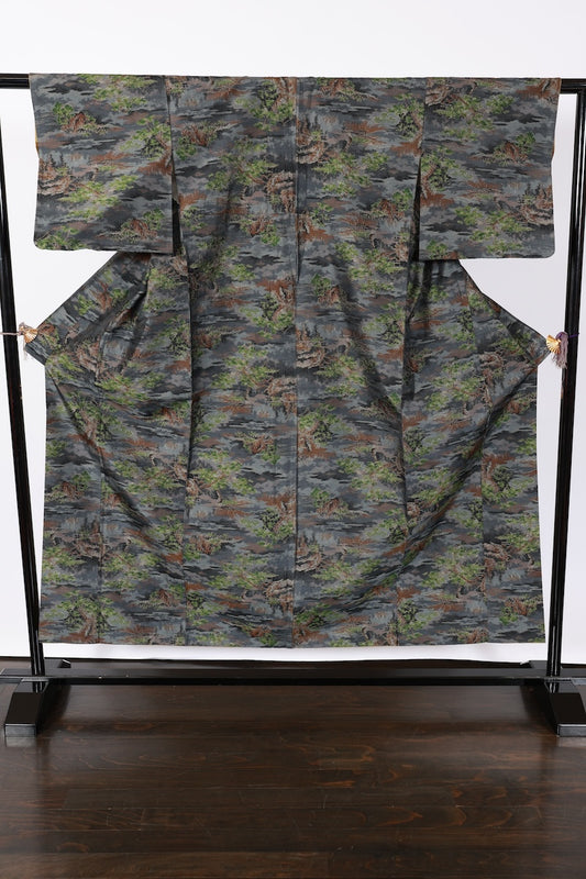 Japanese kimono used <tsumugi> M-size silk 100% /B907