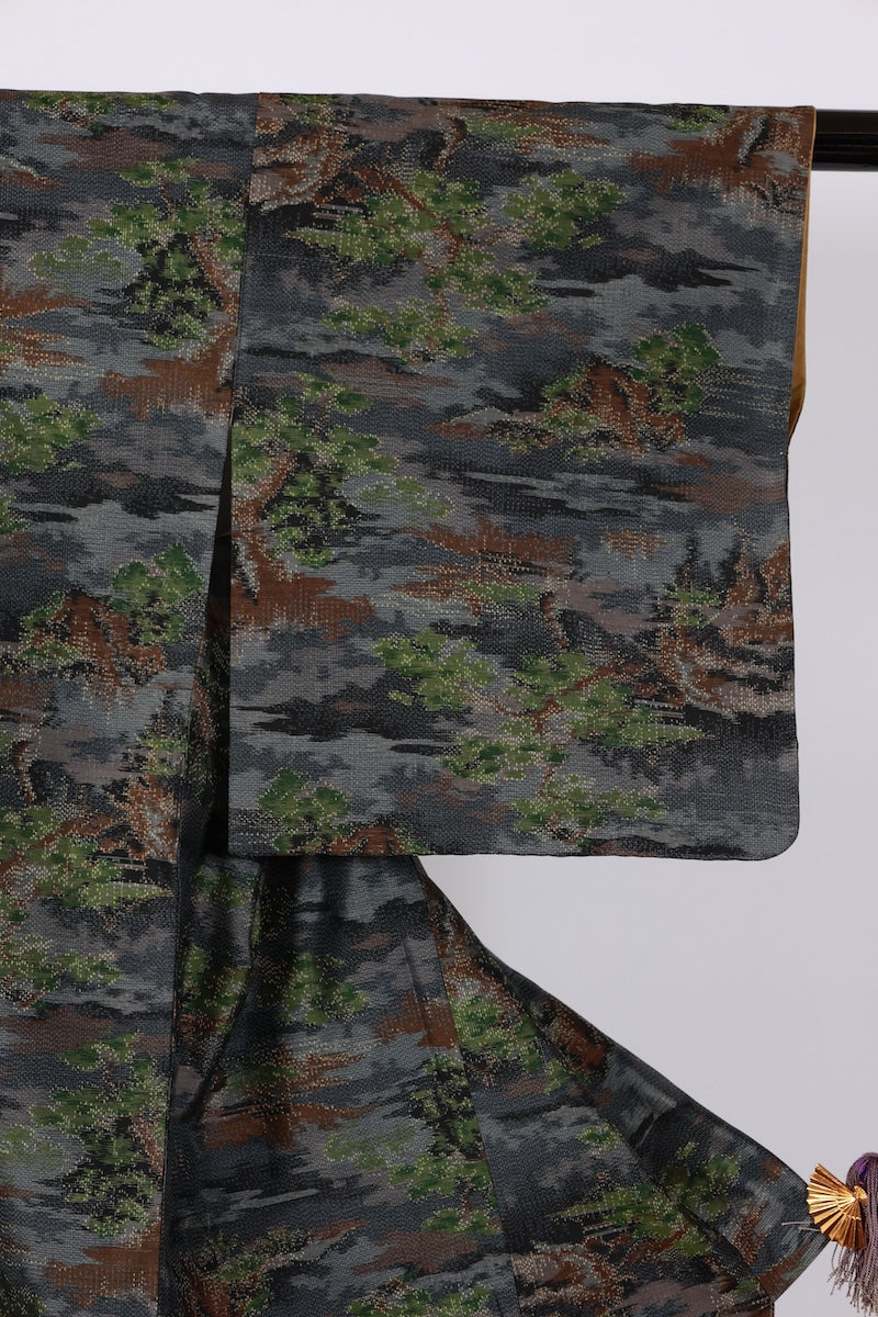 Japanese kimono used <tsumugi> M-size silk 100% /B907