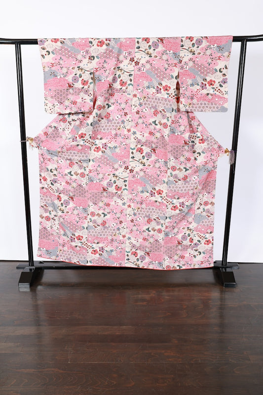 Japanese kimono used <Komon> L-size silk 100% /B944