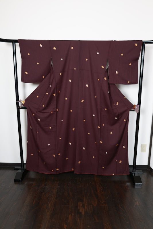 Japan used kimono fabric, red, brown, purple, gold, red chrysanthemum, continuous pattern throughout, R162