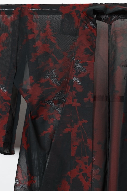 Summer Komon (used kimono fabric), Monsha (sha weave), Nishijin weave, black, red, silver, floral pattern, R210